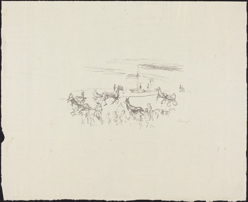 This is an image of a group of horses and riders in a sketch-like style. The artwork features minimalistic lines and a light background, suggesting motion and activity. The composition includes a structure in the background.