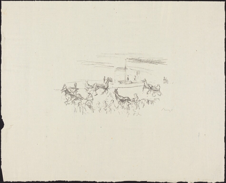 This is an image of a group of horses and riders in a sketch-like style. The artwork features minimalistic lines and a light background, suggesting motion and activity. The composition includes a structure in the background.