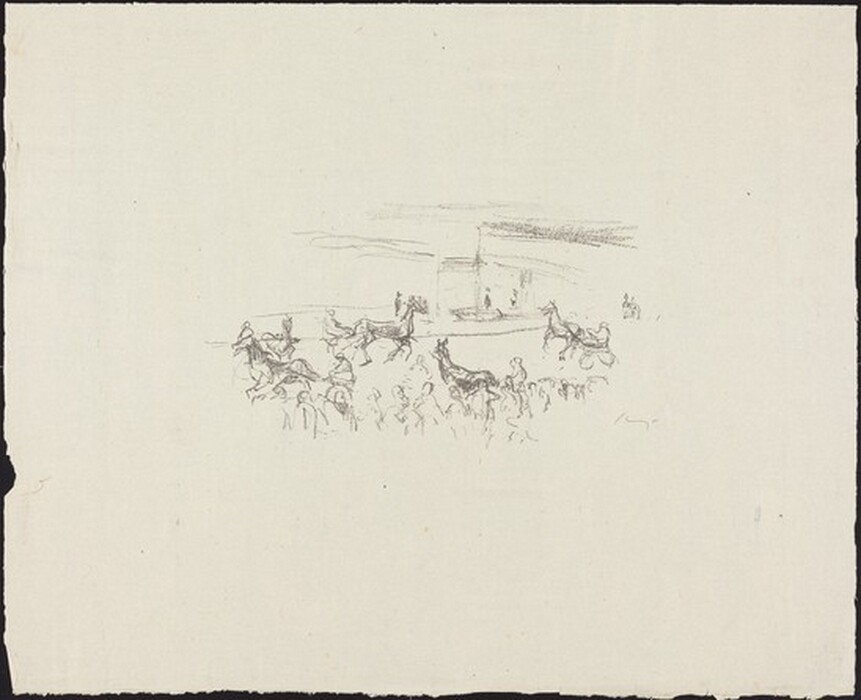 This is an image of a group of horses and riders in a sketch-like style. The artwork features minimalistic lines and a light background, suggesting motion and activity. The composition includes a structure in the background.