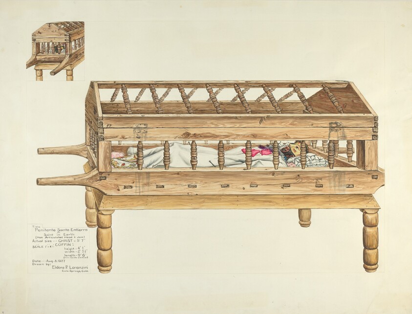Wooden Coffin and Penitente Santo Entierro (Penitent Saint in Earth)