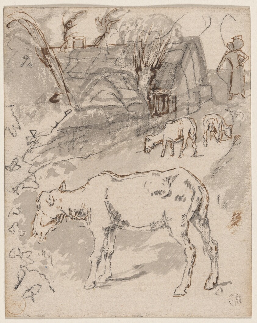 Three Sheep by a Cottage (recto)/Sketches of Cows (verso)