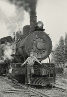 759, Old Sydney Collieries Railway, Brakeman on Pilot Beam of Locomotive Number 18, 0-6-0 Type, Cape Breton Island, Nova Scotia, David Plowden, 1959, printed 2022