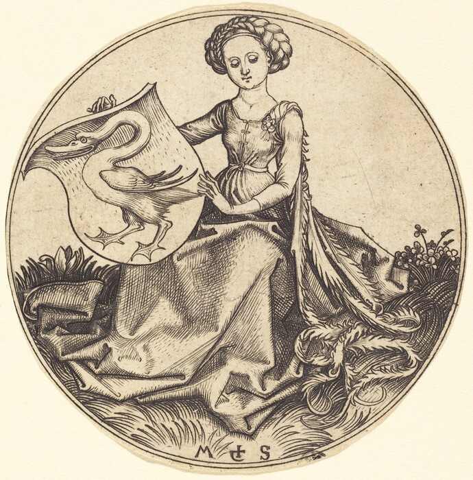 The image shows a portrait of a woman from the knees up, seated in a relaxed position. She has distinct facial features with a gentle expression, her hair styled in an intricate braid wrapped around her head. She is dressed in a long, flowing gown with fitted sleeves, adorned with a small decorative element on the bodice. The gown extends with draped fabric pooling around her. The woman holds a large heraldic shield in her right hand, depicting an image of a swan with an elongated neck. Surrounding her are stylized details of foliage and flowers, enhancing the circular composition. There are no other objects of note or jewelry visible on her. The background is plain, focusing attention on the central figure within the circular frame.