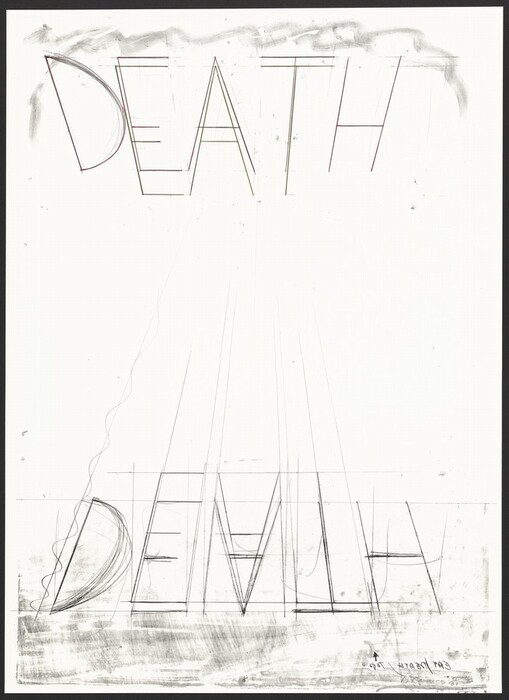 The image displays overlapping lines and geometric shapes that spell out the word "DEATH" in both right-side-up and upside-down orientations. The letters are abstracted using linear sketches with variations in line thickness, creating a visual representation similar to light reflecting on a surface. The upper part of the image is lighter, while the lower part is denser and textured, resembling a mirrored reflection like looking through a foggy window at text.