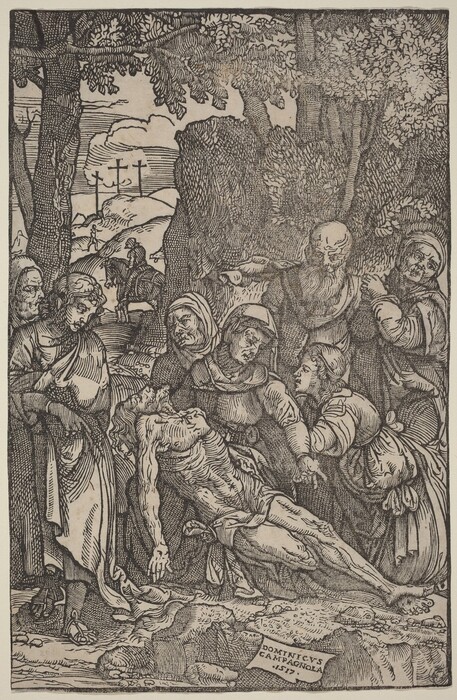 This is a drawing depicting a group of figures around a lifeless body. In the background, there are cross-like structures on a distant hill. The scene is highly detailed with intricate line work. The figures seem to be mourning the deceased figure in front of them. The foreground contains layered drapery and figures in different poses, suggesting a theme of grief and mourning. The background features a hilly landscape with three crosses. Various textures like trees and rocky landscapes add depth to the scene. A plaque in the bottom right reads "DOMINICVS CAMPAGNOLA 1517."