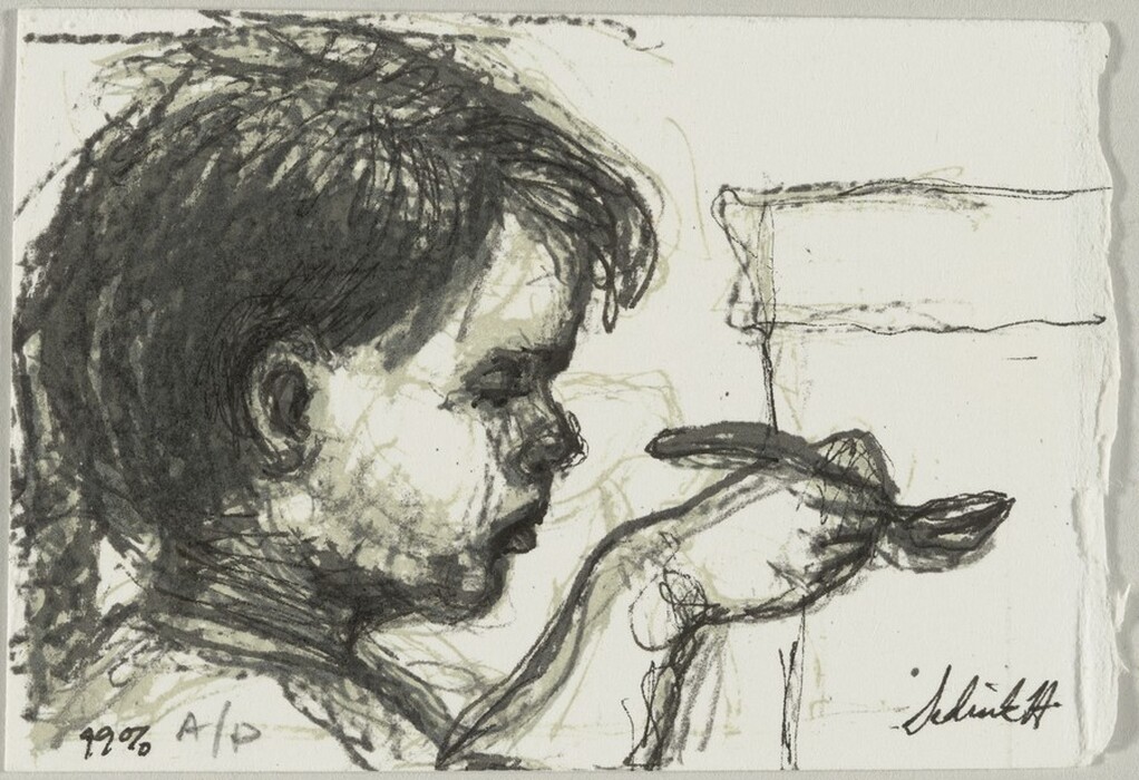 The image depicts a sketch-style drawing of a person's upper body in a side profile view. The person holds a spoon in their raised right arm. The facial features, including a prominent nose, lips, and a neutral expression, are detailed. The person has short, somewhat unruly hair. They appear to wear a short-sleeved shirt. In the background, there is a faint marking that could represent a table or flat surface. The drawing is monochromatic, likely charcoal or pencil, creating a textured appearance.