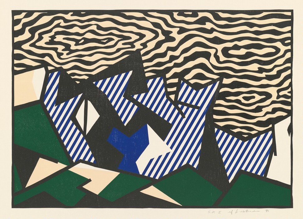 Geometric shapes outlined with wide black lines are filled with flat areas of color or stripes in this abstract horizontal woodcut. There are roughly three horizontal zones. The upper third is made up of a field of concentric circles made with black wavy lines, almost like wood grain, against a parchment-colored background. A row of jagged triangular shapes stretches the width of the composition across the center. The forms are black, white, or patterned with royal-blue and white stripes. The bottom-most zone is similarly made up of triangular shapes, but most of these are filled with pine green, as is a taller triangle to our left. The artist signed and dated the print in graphite on the paper below the lower right corner of the printed image: “S.P. I rf Lichtenstein ’80.”