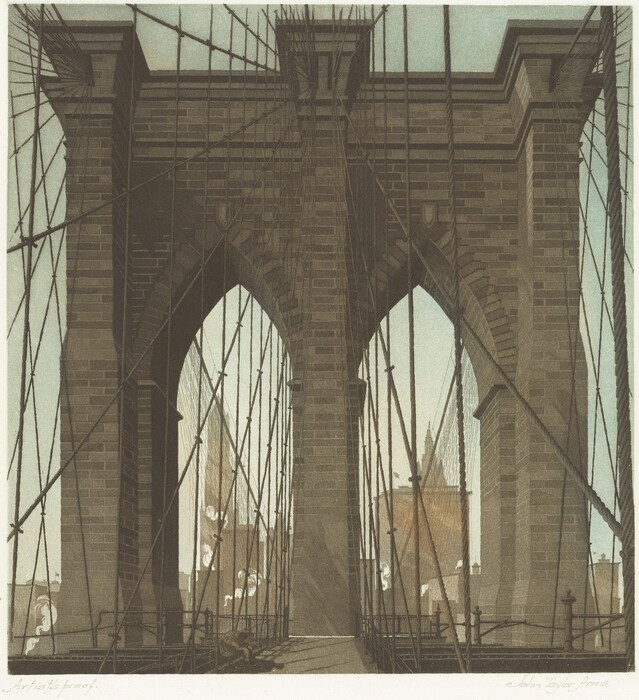 The image shows a detailed view through one of the towers of the Brooklyn Bridge. The point of view is centered, looking directly along the bridge, capturing the network of suspension cables that radiate outward, converging at the top of the tower and extending towards the sky. The horizon is subtly suggested by buildings in the distance seen between the arches of the tower. The architectural details of the bridge are rendered with precise, linear brushstrokes, emphasizing the texture and form of the stone structure. The color palette is soft and muted, dominated by shades of brown and beige, accentuated by the pale blue of the sky. The path of the bridge leads the gaze deeper into the scene, where buildings and faint plumes of steam can be discerned beyond the bridge's tower. The background is filled with a light, atmospheric haze, adding depth and context to the urban setting.
