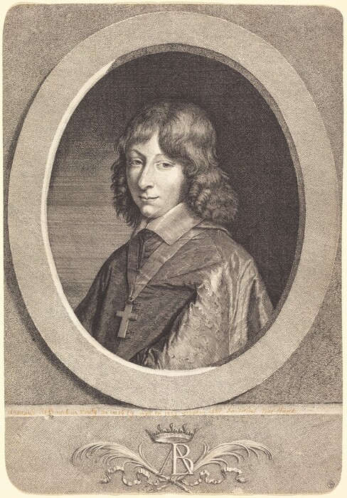 The image shows a portrait of a person's upper body, from the chest up. The individual is positioned slightly turned to the right, with their head facing forward and their gaze directed towards the left. They have wavy hair falling to their shoulders, along with refined features including eyebrows, a long nose, and slightly pursed lips. The person is dressed in formal clothing with a prominent collar, silky fabric, and a long chain with a large cross pendant around their neck. The portrait is framed in an oval frame with decorative elements including an ornamental crest with initials. The artwork is monochromatic with fine lines and shading typical of engraved portraiture.