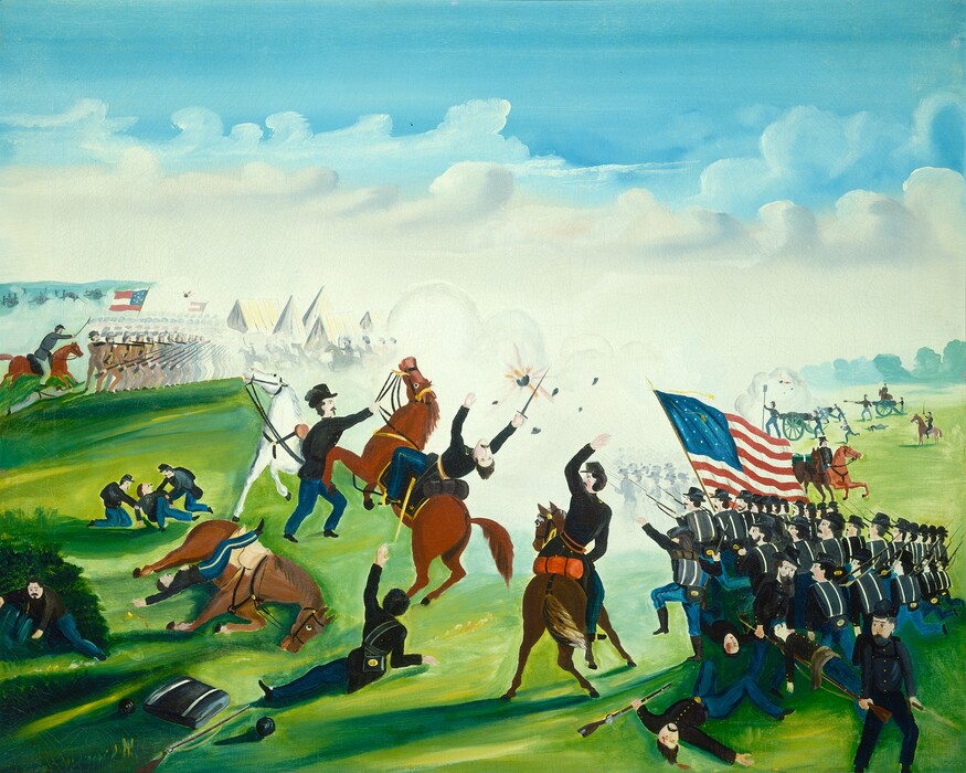 A battle scene set on a grassy field is painted with vivid, saturated tones of green, bright blue, brown, pearl white, and shades of gray and blue in this nearly square composition. The men closest to us wear uniforms of black jackets, dark blue pants, and flat-topped, brimmed caps. At the center, a man flails backward on a rearing chestnut-brown horse. A uniformed man with a goatee and wearing a high-crowned hat with a gray feather holds the reins of the rearing horse, as a white horse shies just beyond his shoulder. Another brown horse lies on the ground, tongue out, with a man draped over its saddle nearby. In the near distance, two men help an injured solider. Closer to us, a man reaches for some bushes and another lies on the ground, one arm raised. A screen of white smoke obscures the view beyond the rearing horse, and a black form at the center of orange and red streaks could represent an explosive. Another soldier on a brown horse raises one hand just to the right of the others, and three lines of troops press forward to the right following an American flag with seventeen visible stars and the thirteen red and white stripes held aloft by a bearer in the front row. Two men lie dead on the ground here, and another man is carried away on a stretcher. More troops stand in rows or man cannons in the background. A line of soldiers wearing brown and a mounted officer wearing a gray uniform advance from the left in the background. These troops hold flags with two red stripes flanking a single white stripe, and blue fields with seven stars. White clouds kick up in the blue sky above. The scene is painted simply in an almost cartoonish style.