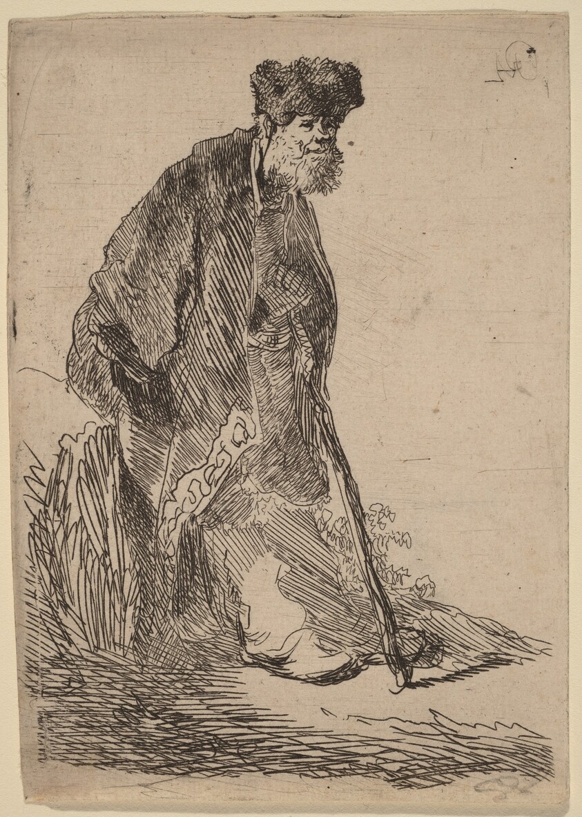 Man in a Coat and Fur Cap Leaning against a Bank