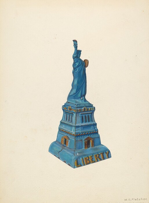 The image displays a blue miniature model of the Statue of Liberty with the word "LIBERTY" in yellow embossed at the base. The model is primarily painted in shades of blue with hints of yellow and brown accents for the details, such as the windows and the torch. Positioned centrally on a plain, off-white background, the statue stands upright, with its base slightly tilted toward the viewer. The artist's signature, "w.o. Fletcher," is written in the lower right corner.