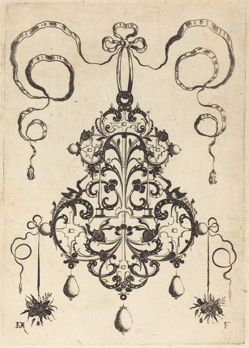 The image features swirling lines and curvilinear shapes forming an abstract symmetrical pattern. The central motif resembles an ornate chandelier with decorative elements similar to flower petals and foliage. Ribbons twist and loop around the composition, enhancing its complexity, while pendant-like ornaments hang beneath. The design could be compared to a decorative piece in a grand ballroom or on a luxurious garment.