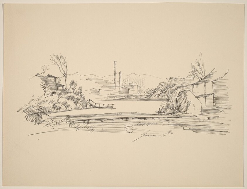 River, Smoke Stacks, and Houses