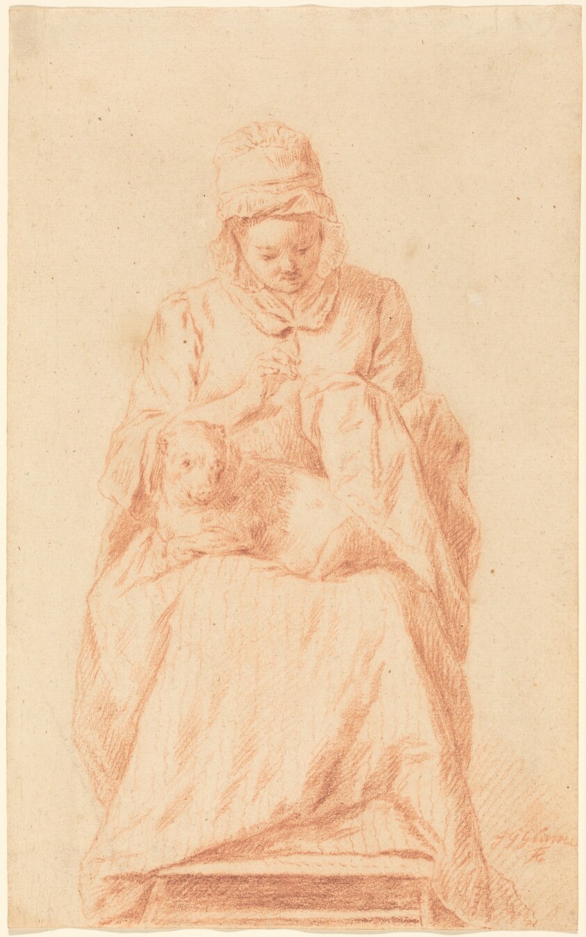 Young Woman Sewing with a Dog Resting on Her Lap