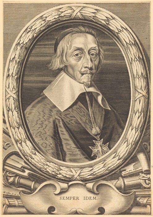 This is a portrait of a man depicted from the upper body, slightly turned to the right. He has a defined face with high cheekbones, a pointed goatee, and a mustache. His hair is medium length, wavy, and parted down the middle. He wears a skullcap and is dressed in elaborate clothing with a wide stiff collar, a patterned garment, and a medal with a decorative cross around his neck. The portrait is framed by an ornate oval wreath, and below it, there is a scroll with the inscription "SEMPER IDEM." Surrounding the frame are decorative elements, including two books on either side and a rolled paper.
