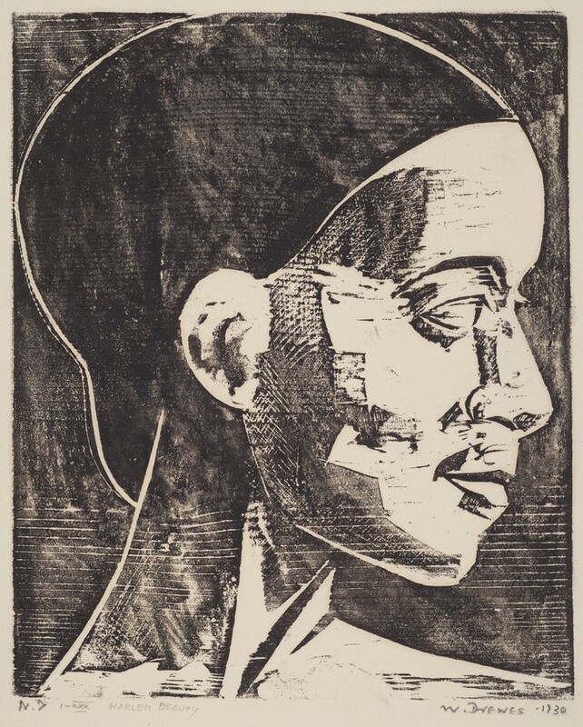 Printed with black ink against eggshell-white paper, the head and neck of a person facing our right in profile fills this vertical woodcut. The person has closely-cropped black hair, a thin neck, and high cheekbones. The eye we can see under an arched brow seems to look straight ahead, and the person has a straight nose, and the lips are closed. The texture and woodgrain of the woodblock surface is visible in the black, printed areas. The artist signed and dated the lower right corner, under the printed image, in graphite: "W. DREWES 1930." A graphite inscription in the lower left reads, "N. 7 1-XXX HARLEM BEAUTY."