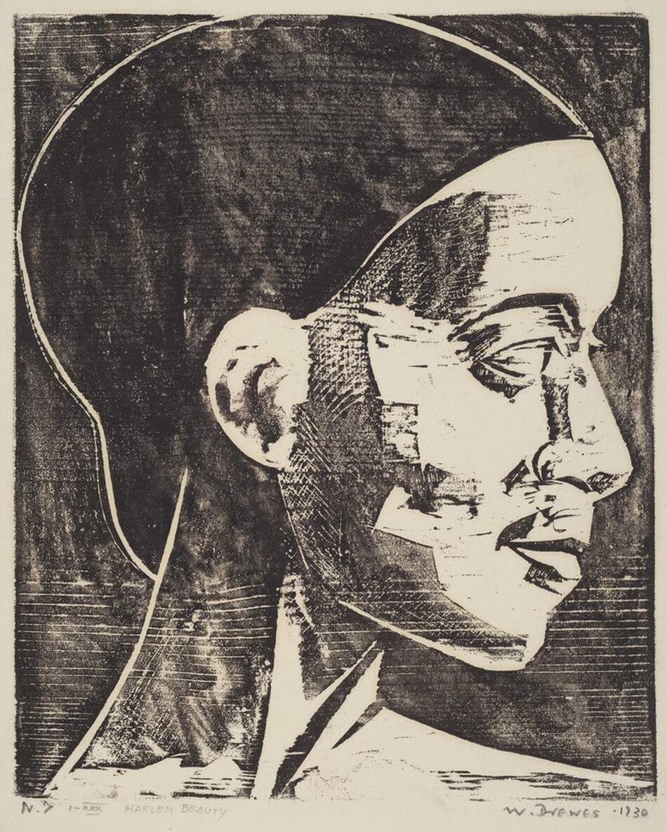 Printed with black ink against eggshell-white paper, the head and neck of a person facing our right in profile fills this vertical woodcut. The person has closely-cropped black hair, a thin neck, and high cheekbones. The eye we can see under an arched brow seems to look straight ahead, and the person has a straight nose, and the lips are closed. The texture and woodgrain of the woodblock surface is visible in the black, printed areas. The artist signed and dated the lower right corner, under the printed image, in graphite: "W. DREWES 1930." A graphite inscription in the lower left reads, "N. 7 1-XXX HARLEM BEAUTY."
