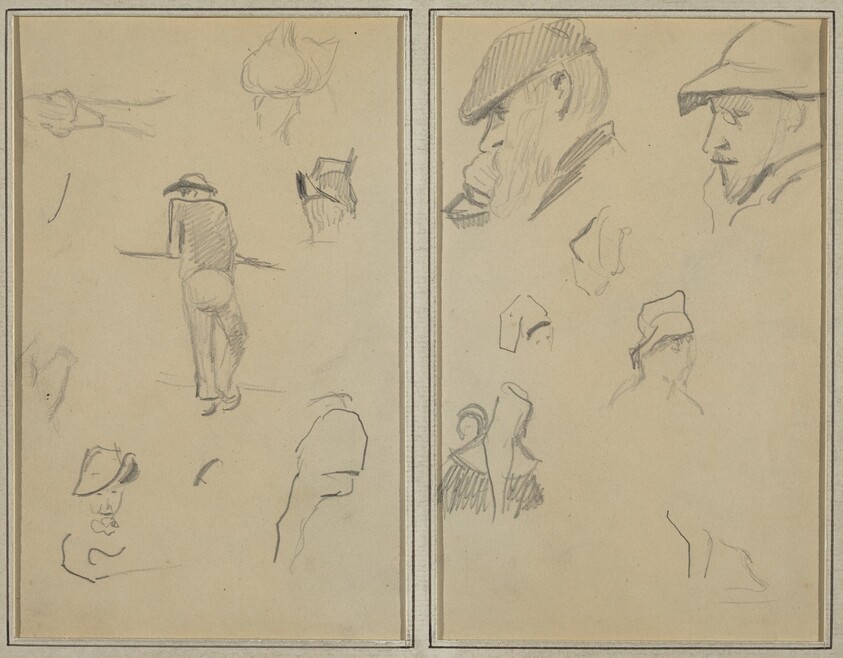A Man Leaning on a Wall with Five Other Studies; Two Bearded Men Wearing Hats, and Five Other Studies [recto]