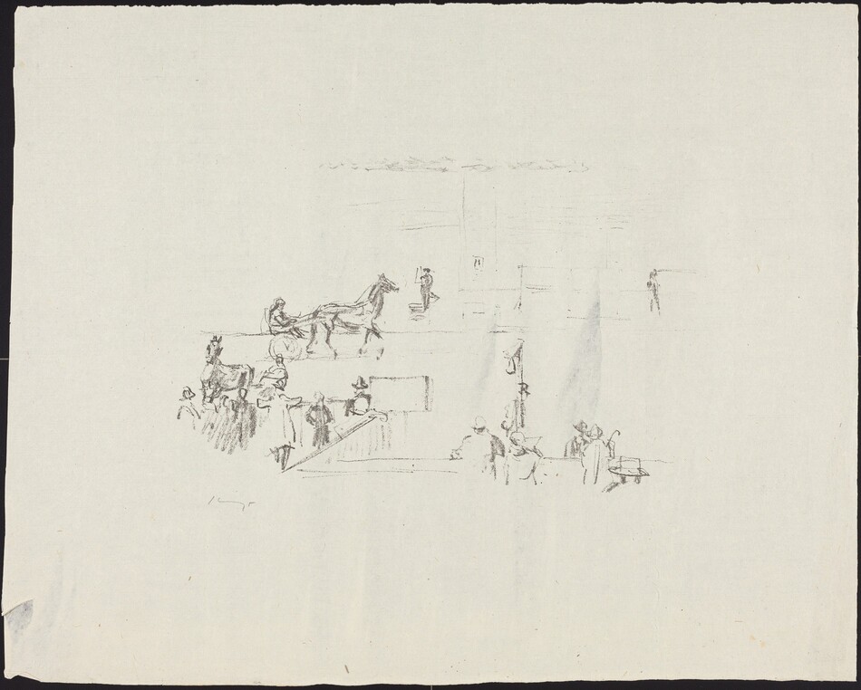 This is a drawing depicting horse-drawn carriages and individuals gathered in a public setting. The drawing shows a carriage drawn by horses in the foreground, with outlined figures dispersed around and in the vicinity of the carriages. Some figures are standing aside, while others appear to be observing or engaged in an activity. The background and foreground are lightly rendered, creating an ethereal quality with a focus on motion and ambiance. The sparse and airy style emphasizes a sense of momentary observation, in a soft and impressionistic approach.