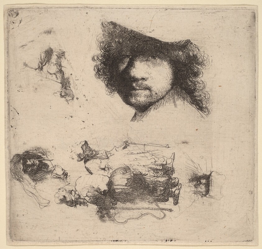 Sheet of Studies including Head of the Artist, a Beggar Couple, Heads of an Old Man and Old Woman