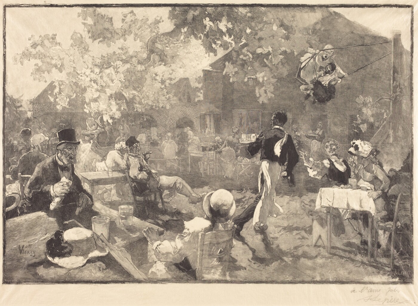 This is a drawing of an outdoor dining scene. The image shows a bustling outdoor café or garden party setting. There are several tables arranged under trees, with people seated at them. A waiter is serving drinks, balancing a tray. In the background, there are architectural elements resembling cottages or a communal building, blurred. An individual on a swing is seen in the upper right area. The shading and monochrome palette give the scene depth and ambiance.