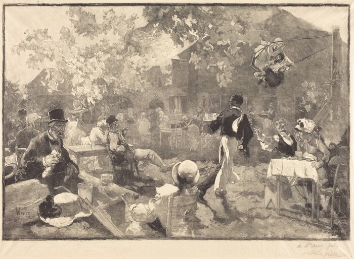 This is a drawing of an outdoor dining scene. The image shows a bustling outdoor café or garden party setting. There are several tables arranged under trees, with people seated at them. A waiter is serving drinks, balancing a tray. In the background, there are architectural elements resembling cottages or a communal building, blurred. An individual on a swing is seen in the upper right area. The shading and monochrome palette give the scene depth and ambiance.