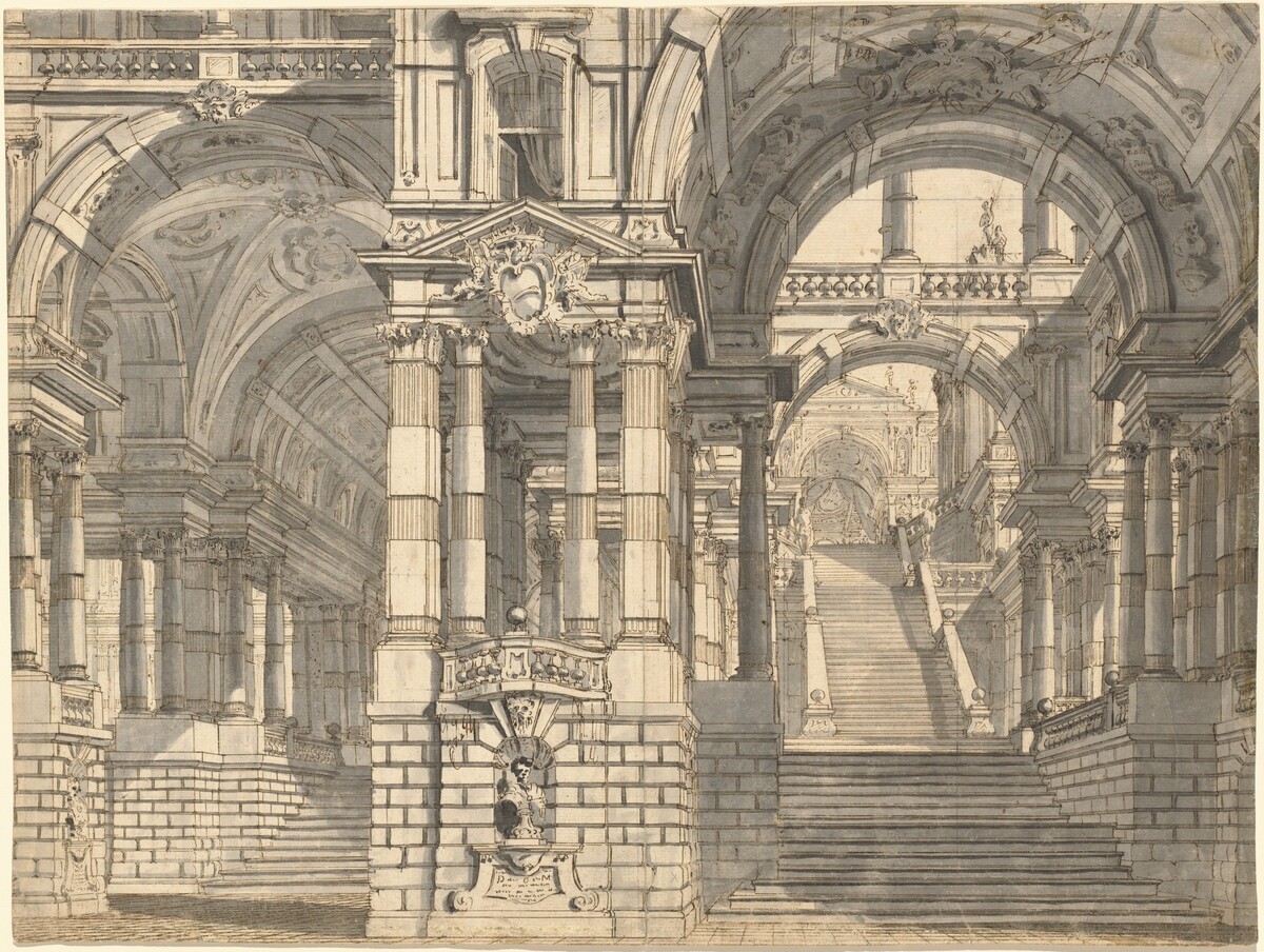 Fantasy of Magnificent Courtyards and Loggie with a Monumental Staircase
