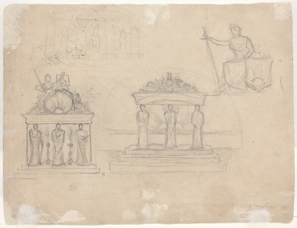 Studies of Classical Temple Facades and Seated Female Figure [verso]