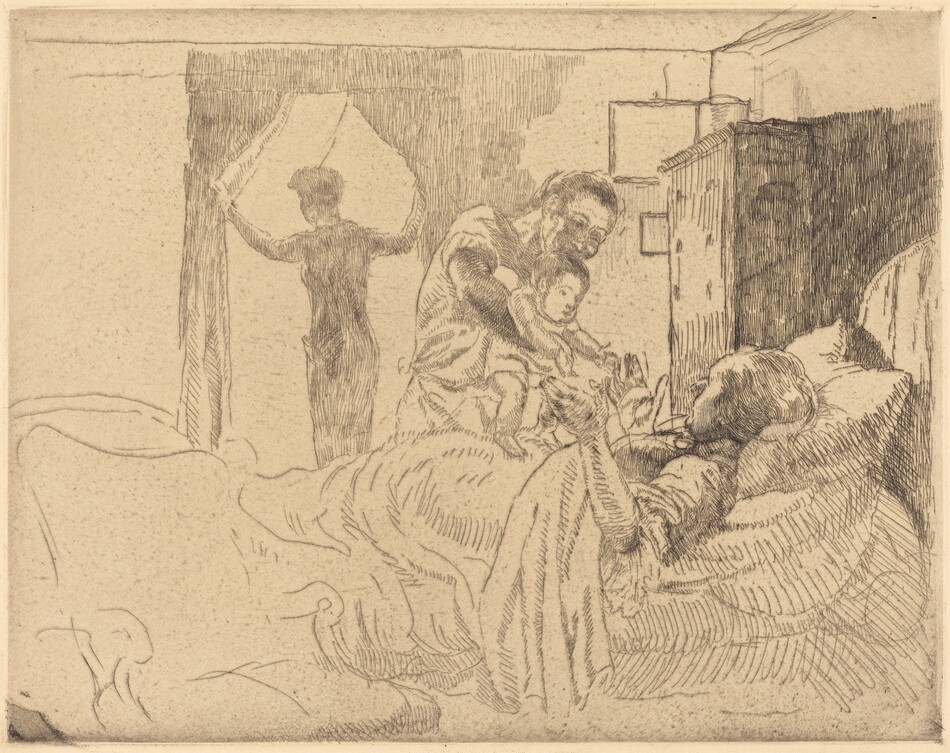 The image is a room sketch with three figures. In the foreground, a person lies on a bed, while another person stands near the bed, offering a child. A third individual stands by a window, holding the curtains open to let daylight in. The room includes furniture like a tall cabinet and a picture frame. The sketch is done in monochrome with shading for depth.