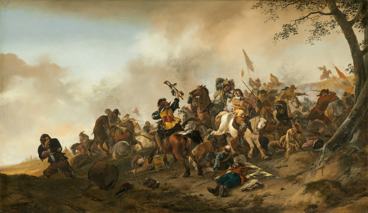 A few dozen light-skinned men, some on horseback and some on foot, fight each other on a low hill in this horizontal battle scene. The men and horses are arranged in a band that crosses the horizon of the painting and swells in numbers as it moves to our right. Some men wield guns, knives, or swords as they attack each other. They wear jackets, vests, or suits in black, brown, sage green, currant red, and pale yellow. While much of the action is in chaos, a few details stand out. For instance, a man in the center of the fray lies on the ground, dead or dying. A white horse behind him steps over a second fallen man, and the rider of that horse is about to be bludgeoned. To the left of the fray, a man wearing tattered black clothing looks over his shoulder at the crowd as he lurches away. It appears that one hand may have been severely injured or even cut off, leaving a bloody stump. A large drum lies on the ground nearby. The hill where the fight takes place sweeps gently upward from the lower left corner to more than hallway up the height of the panel to the right. Flags in the hazy distance have red, white, and blue horizontal stripes and a tall, thin tree grows up the right edge of the panel to frame the scene. A pale blue sky is mostly filled with parchment-colored clouds. The artist signed the work with his initials in brown paint in the lower right corner: “PH. W.”