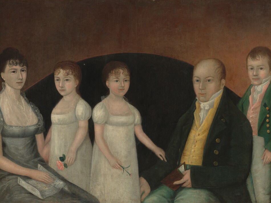 This painting looks like a family portrait with five people: two seated adults and three children. The person on the far left is a seated woman with dark hair styled up and short, curling bangs, wearing a gray dress with puffed sleeves and lace details at the neckline. She holds a folded piece of paper in her lap and has one arm around the girl next to her. On her right stand two young girls with curly reddish-brown hair tied back, both dressed in white dresses with puffed sleeves and lace around the necklines. The girl to the left holds a pink flower, while the other holds a small pink bud. On their right is a seated man with short reddish-brown hair, wearing a dark jacket over a yellow vest and a white cravat and green trousers, holding a small book partially open. Standing to the right, partially behind the man, is a young boy dressed in a green coat with gold buttons over a pink vest and white shirt. All five of the people have pale skin. Behind the family is a black semi-circle, and around that is a gradient of brown, darker at the top and lighter towards the bottom.