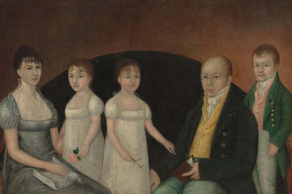 This painting looks like a family portrait with five people: two seated adults and three children. The person on the far left is a seated woman with dark hair styled up and short, curling bangs, wearing a gray dress with puffed sleeves and lace details at the neckline. She holds a folded piece of paper in her lap and has one arm around the girl next to her. On her right stand two young girls with curly reddish-brown hair tied back, both dressed in white dresses with puffed sleeves and lace around the necklines. The girl to the left holds a pink flower, while the other holds a small pink bud. On their right is a seated man with short reddish-brown hair, wearing a dark jacket over a yellow vest and a white cravat and green trousers, holding a small book partially open. Standing to the right, partially behind the man, is a young boy dressed in a green coat with gold buttons over a pink vest and white shirt. All five of the people have pale skin. Behind the family is a black semi-circle, and around that is a gradient of brown, darker at the top and lighter towards the bottom.