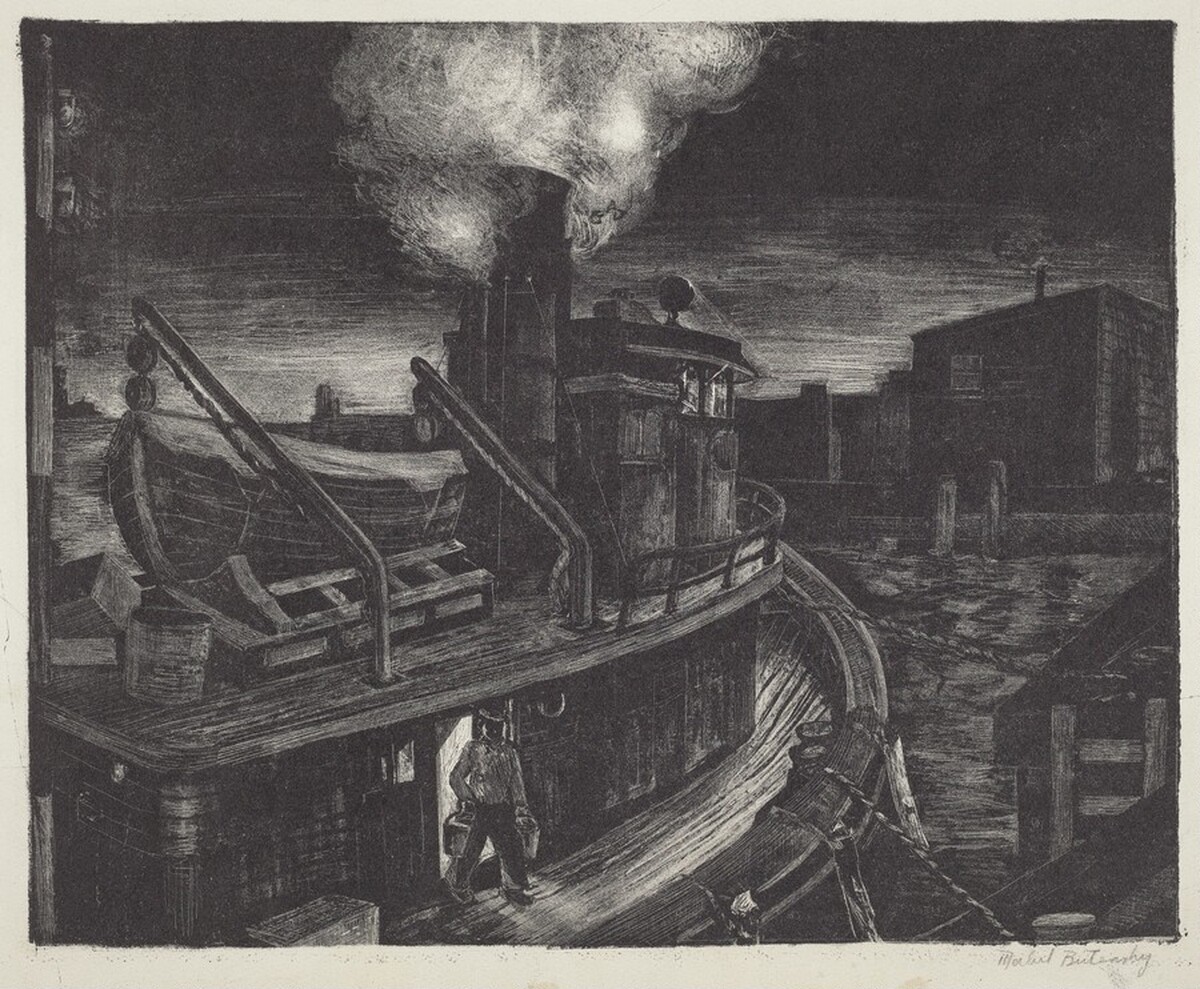 Untitled (Tugboat Tied-up to a Dock at Night)