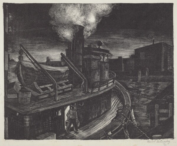 Untitled (Tugboat Tied-up to a Dock at Night)