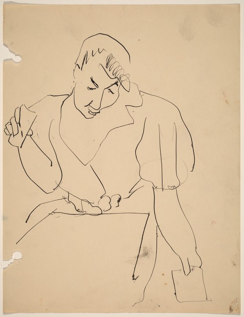 Woman Seated with Pad in Lap and Holding Paper in Each Hand
