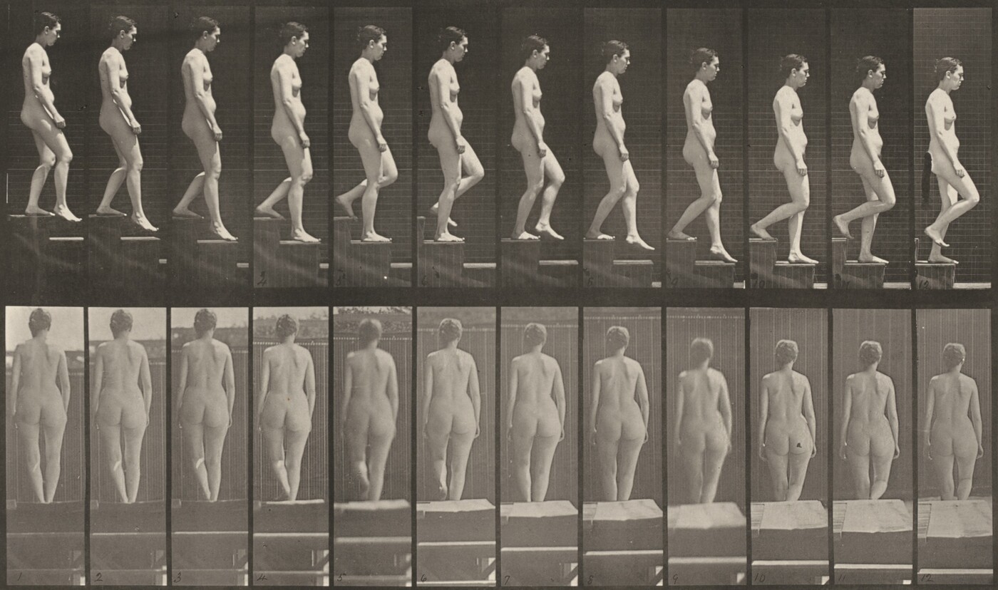Plate Number 129. Descending stairs by Eadweard Muybridge