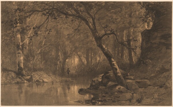 A Woodland River with a Fisherman