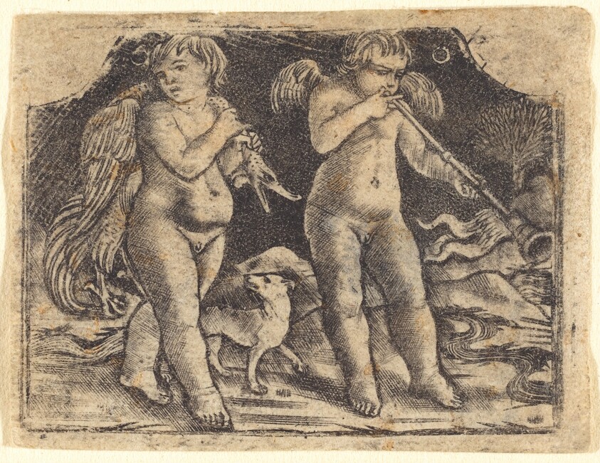 Cupid carrying a fowl accompanied by a dog, and another cupid playing a trumpet