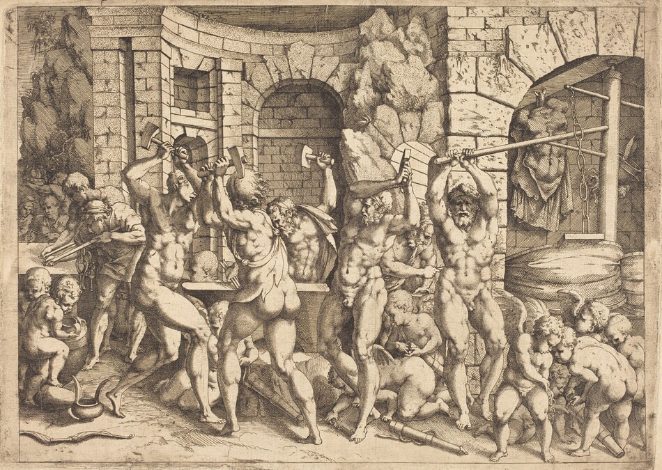 This is a painting of several muscular figures working in a workshop with tools. The image shows a scene from a forge where the figures are engaged in the physical labor of hammering and shaping materials, likely metal. The figures are surrounded by architecture, stone walls, and grotto-like formations. Each figure is in action, such as lifting tools, working a bellows, or tending to a furnace. There are smaller figures around, possibly children or mythical creatures, assisting or observing. The setting suggests a dramatic context with strong contrasts, typical of classic European artistic styles. The style is reminiscent of Hendrick Goltzius, known for intricate engravings and mythological themes.