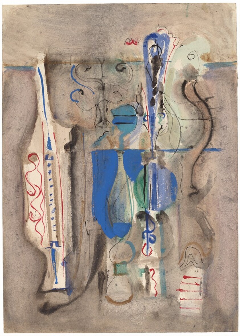 Abstract Composition in Blue, Gray, Green, Black, and Red