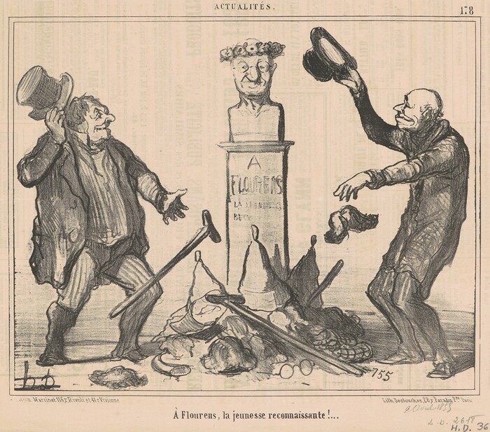 This is a drawing of a stone bust on a pedestal with an engraving dedicated to 'A Flourens'. On either side of the pedestal, two figures are reacting to the bust. The figure on the left is wearing a bowler hat and extending one hand toward the bust while holding a cane. The figure on the right is raising a hat toward the bust, with various articles scattered around their feet. The scene appears to convey a humorous encounter, possibly a cultural or political commentary. The drawing has strong lines and shading, typical of 19th-century caricatures.