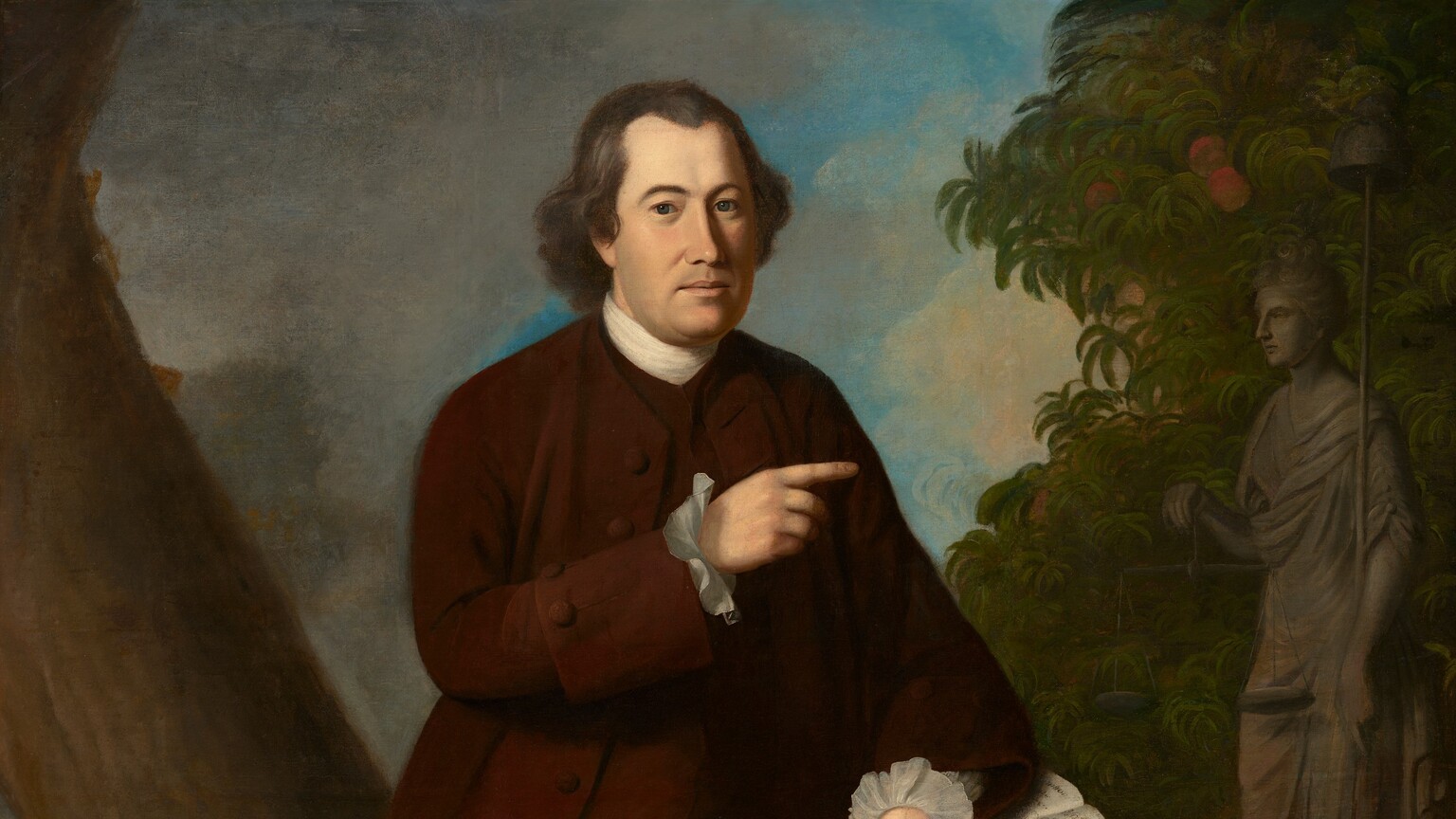 A middle-aged, light-skinned man stands facing and looking at us, leaning on one arm propped on a tall rock in a landscape in this vertical portrait painting. The man looks out with dark blue eyes under curved black brows. He has a prominent nose, his full apricot-colored lips are closed, and there is a shadow of a beard on his smooth cheeks. He has a receding hairline, and his wavy, ash-gray hair curls around his high, white collar. The man wears a tawny-brown topcoat with white, ruffled cuffs at his wrists, and a long brown vest with fabric-covered buttons. He wears matching brown, knee-length pantaloons with white stockings, and black shoes with gold buckles. His feet are widely planted as he leans on the tall rock on his left elbow, to our right. His elbow rests on an open book on the tall, narrow rock, shaped like a podium. Writing visible in the thick book reads, “Nolumus Leges Angliae mutari.” He points with his other index finger to our right. Behind the man and to our right is a gray, stone statue of a woman wearing flowing robes. She holds a pair of scales in one hand a tall staff with a bell-like form at the top in the other elbow. The statue is angled toward the man, and the tall base on which she stands is carved with the words, “Co LEX ANGLI.” A tree with sickle-shaped leaves and peach-colored fruit spans the height of the composition behind the statue. Near the lower left corner of the composition, two halves of a piece of paper, torn from corner to corner, lies on the ground with the edges curling up. The writing on the paper reads, “Imperial Civil Law — Sumary proceeding.” A thick tree trunk curves in a shallow S shape up along the left edge of the canvas, behind the man. Fern-green jimson weed, clover, small flowers, and rocks carpet the ground beneath and around the man. In the distance, to our left, a man wearing a red coat, a tricorn hat, and holding a musket leads a mule carrying a pack, while sheep graze to our right. Pockets of azure-blue sky are visible beyond gray clouds to our left and fluffy, flaxen-yellow clouds to our right.