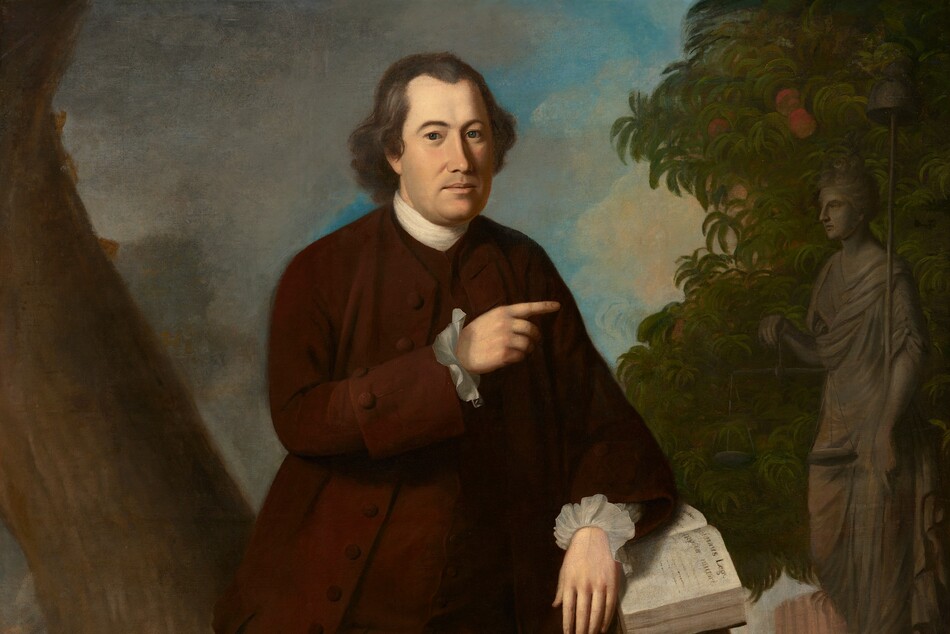 A middle-aged, light-skinned man stands facing and looking at us, leaning on one arm propped on a tall rock in a landscape in this vertical portrait painting. The man looks out with dark blue eyes under curved black brows. He has a prominent nose, his full apricot-colored lips are closed, and there is a shadow of a beard on his smooth cheeks. He has a receding hairline, and his wavy, ash-gray hair curls around his high, white collar. The man wears a tawny-brown topcoat with white, ruffled cuffs at his wrists, and a long brown vest with fabric-covered buttons. He wears matching brown, knee-length pantaloons with white stockings, and black shoes with gold buckles. His feet are widely planted as he leans on the tall rock on his left elbow, to our right. His elbow rests on an open book on the tall, narrow rock, shaped like a podium. Writing visible in the thick book reads, “Nolumus Leges Angliae mutari.” He points with his other index finger to our right. Behind the man and to our right is a gray, stone statue of a woman wearing flowing robes. She holds a pair of scales in one hand a tall staff with a bell-like form at the top in the other elbow. The statue is angled toward the man, and the tall base on which she stands is carved with the words, “Co LEX ANGLI.” A tree with sickle-shaped leaves and peach-colored fruit spans the height of the composition behind the statue. Near the lower left corner of the composition, two halves of a piece of paper, torn from corner to corner, lies on the ground with the edges curling up. The writing on the paper reads, “Imperial Civil Law — Sumary proceeding.” A thick tree trunk curves in a shallow S shape up along the left edge of the canvas, behind the man. Fern-green jimson weed, clover, small flowers, and rocks carpet the ground beneath and around the man. In the distance, to our left, a man wearing a red coat, a tricorn hat, and holding a musket leads a mule carrying a pack, while sheep graze to our right. Pockets of azure-blue sky are visible beyond gray clouds to our left and fluffy, flaxen-yellow clouds to our right.