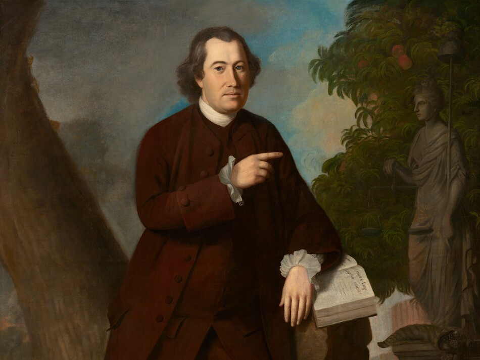 A middle-aged, light-skinned man stands facing and looking at us, leaning on one arm propped on a tall rock in a landscape in this vertical portrait painting. The man looks out with dark blue eyes under curved black brows. He has a prominent nose, his full apricot-colored lips are closed, and there is a shadow of a beard on his smooth cheeks. He has a receding hairline, and his wavy, ash-gray hair curls around his high, white collar. The man wears a tawny-brown topcoat with white, ruffled cuffs at his wrists, and a long brown vest with fabric-covered buttons. He wears matching brown, knee-length pantaloons with white stockings, and black shoes with gold buckles. His feet are widely planted as he leans on the tall rock on his left elbow, to our right. His elbow rests on an open book on the tall, narrow rock, shaped like a podium. Writing visible in the thick book reads, “Nolumus Leges Angliae mutari.” He points with his other index finger to our right. Behind the man and to our right is a gray, stone statue of a woman wearing flowing robes. She holds a pair of scales in one hand a tall staff with a bell-like form at the top in the other elbow. The statue is angled toward the man, and the tall base on which she stands is carved with the words, “Co LEX ANGLI.” A tree with sickle-shaped leaves and peach-colored fruit spans the height of the composition behind the statue. Near the lower left corner of the composition, two halves of a piece of paper, torn from corner to corner, lies on the ground with the edges curling up. The writing on the paper reads, “Imperial Civil Law — Sumary proceeding.” A thick tree trunk curves in a shallow S shape up along the left edge of the canvas, behind the man. Fern-green jimson weed, clover, small flowers, and rocks carpet the ground beneath and around the man. In the distance, to our left, a man wearing a red coat, a tricorn hat, and holding a musket leads a mule carrying a pack, while sheep graze to our right. Pockets of azure-blue sky are visible beyond gray clouds to our left and fluffy, flaxen-yellow clouds to our right.