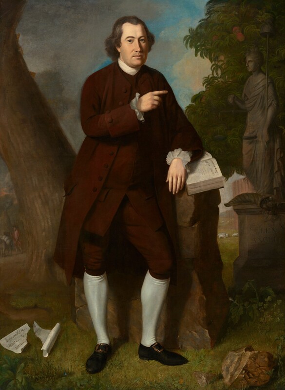 A middle-aged, light-skinned man stands facing and looking at us, leaning on one arm propped on a tall rock in a landscape in this vertical portrait painting. The man looks out with dark blue eyes under curved black brows. He has a prominent nose, his full apricot-colored lips are closed, and there is a shadow of a beard on his smooth cheeks. He has a receding hairline, and his wavy, ash-gray hair curls around his high, white collar. The man wears a tawny-brown topcoat with white, ruffled cuffs at his wrists, and a long brown vest with fabric-covered buttons. He wears matching brown, knee-length pantaloons with white stockings, and black shoes with gold buckles. His feet are widely planted as he leans on the tall rock on his left elbow, to our right. His elbow rests on an open book on the tall, narrow rock, shaped like a podium. Writing visible in the thick book reads, “Nolumus Leges Angliae mutari.” He points with his other index finger to our right. Behind the man and to our right is a gray, stone statue of a woman wearing flowing robes. She holds a pair of scales in one hand a tall staff with a bell-like form at the top in the other elbow. The statue is angled toward the man, and the tall base on which she stands is carved with the words, “Co LEX ANGLI.” A tree with sickle-shaped leaves and peach-colored fruit spans the height of the composition behind the statue. Near the lower left corner of the composition, two halves of a piece of paper, torn from corner to corner, lies on the ground with the edges curling up. The writing on the paper reads, “Imperial Civil Law — Sumary proceeding.” A thick tree trunk curves in a shallow S shape up along the left edge of the canvas, behind the man. Fern-green jimson weed, clover, small flowers, and rocks carpet the ground beneath and around the man. In the distance, to our left, a man wearing a red coat, a tricorn hat, and holding a musket leads a mule carrying a pack, while sheep graze to our right. Pockets of azure-blue sky are visible beyond gray clouds to our left and fluffy, flaxen-yellow clouds to our right.