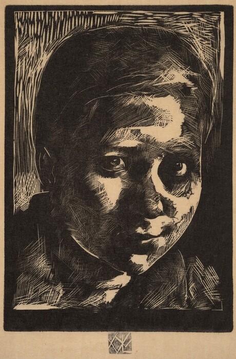The image depicts the head and part of the shoulders of a person facing the viewer. The person's head is turned slightly to the right, capturing a partial profile view. The facial features include eyes, nose, and lips rendered with intricate linework. The hair is depicted with expressive lines swept back. The person is wearing a simple, dark garment. The background is dark with textured lines, highlighting the person's face and expression in this monochrome piece.