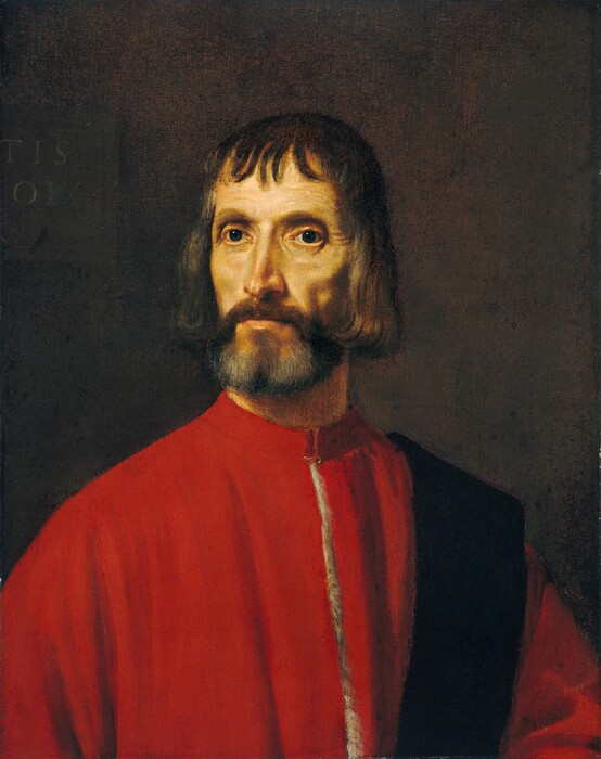 Shown from the chest up, an older, pale-skinned man dressed in scarlet red faces us in this vertical portrait painting. His slender body is turned slightly to our right, but his head turns back to our left so he gazes at a point just over our left shoulder. His large, deep-set dark blue eyes are lined with crow’s feet over high, angular cheekbones. His dark brown beard is shot through with silvery gray, and he has brown, chin-length hair and bangs across his lined forehead. His red garment has a high neck, and the opening down the front is lined with white, perhaps fur. A black sash drapes over his left shoulder, to our right. He is illuminated with warm light from the upper left and set against a dark brown background. A portion of an inscribed plaque is visible just over his right shoulder. It reads, “…TIS …OIX.”