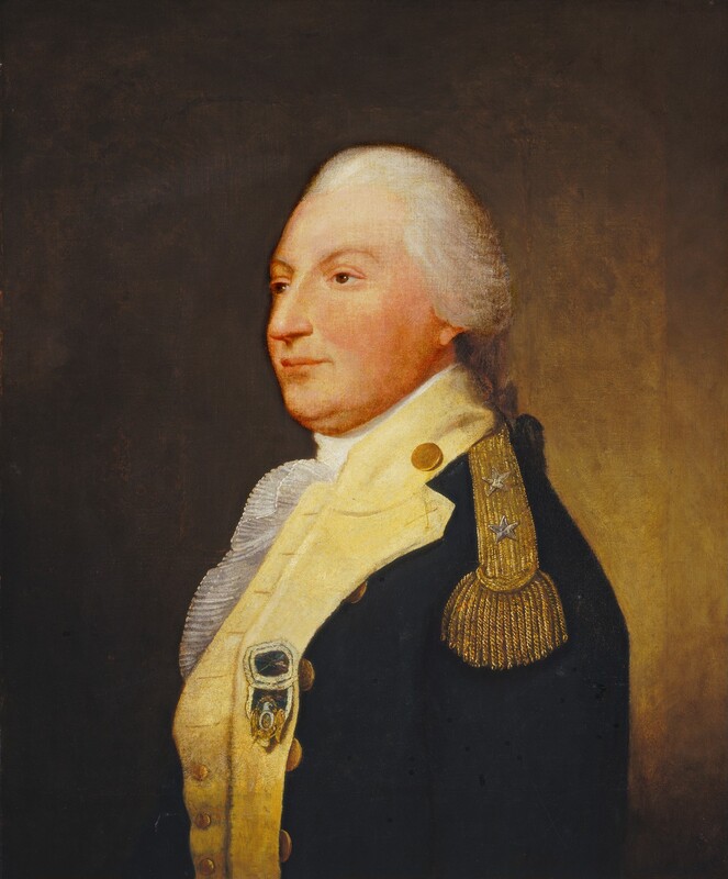 A pale-skinned man wearing a military uniform is shown from the waist up in this vertical portrait painting. His body is angled to our left with his arms by his sides, and he looks in that direction with brown eyes under curving brows. He has a straight, pointed nose, slightly pursed pink lips, and a double chin. His white hair is brushed back from a high forehead and tied at the back of his neck. His dark blue jacket has a shiny gold epaulet decorated with two silver stars on the shoulder we can see. The jacket has wide, butter-yellow trim around the neck and down the front over a frilly, ruffled cravat. The coat has brass buttons, and a dark blue and pale yellow medal with a gold eagle is pinned to the lapel. The background is golden brown to the right of the man and darkens to coffee brown along the left edge.