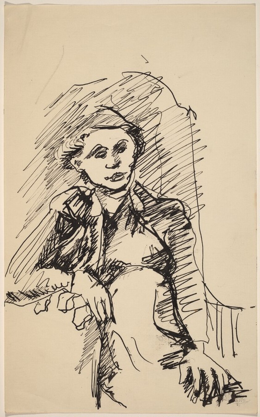 Woman Seated in Armchair, Right Hand on Armrest, Left Hand in Lap